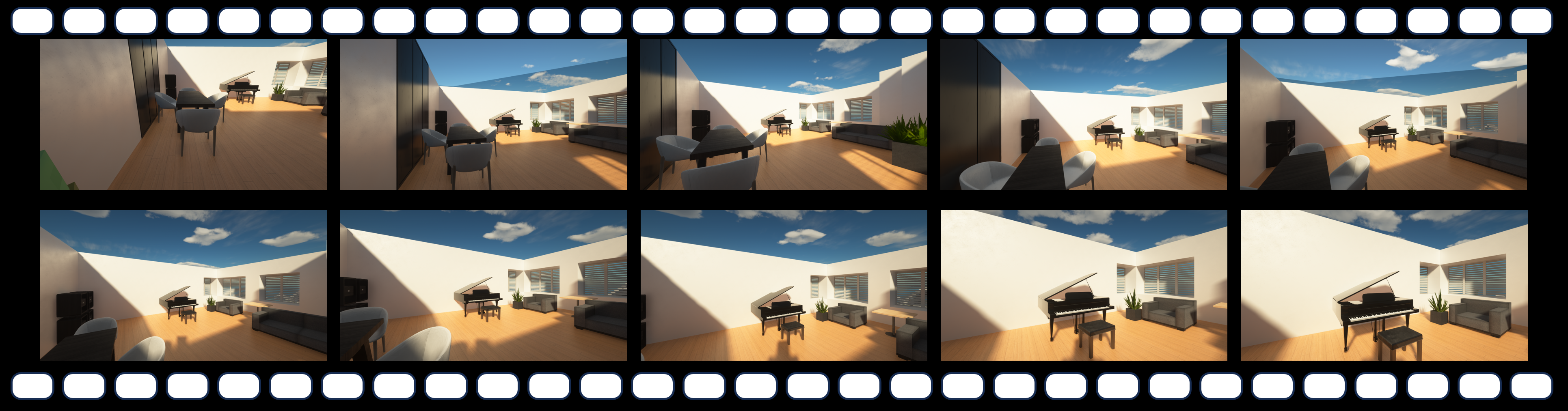 A Gemini-2.5-Pro controlled agent performing VLN in the reconstructed scene following the instruction 'Go to the piano'